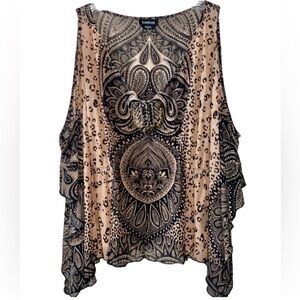 BEBE | Mesh Animal & Paisley Print Stone
Accent Cold Shoulder Top